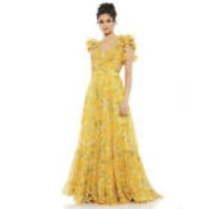 $598 Mac Duggal Size 4 Yellow Ruffle Tiered Floral Cut-Out Chiffon Gown Blogger